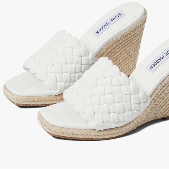 Steve Madden Women’s Wedge Mule Open Toe Sandals Udele White Woven New Size 7.5 - Picture 1 of 9